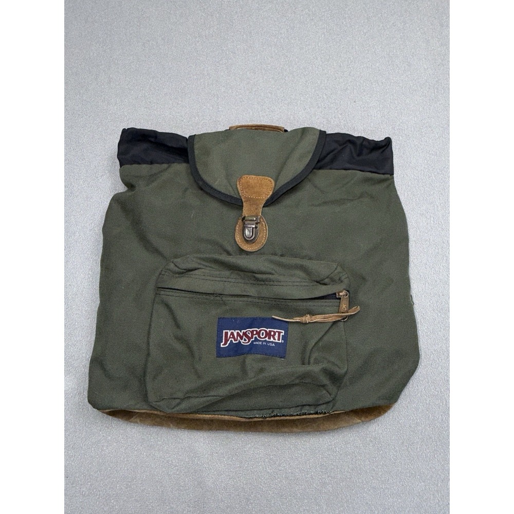 JanSport Vintage Leather Bottom Backpack Green Made in USA Hiking